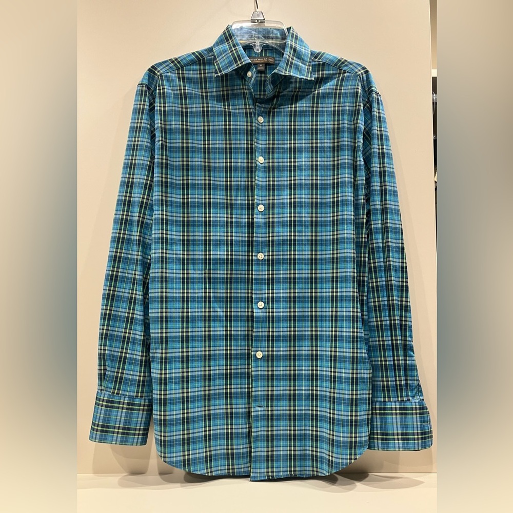 Peter Millar Summer Comfort Blue Plaid Men's Shirt Size Medium